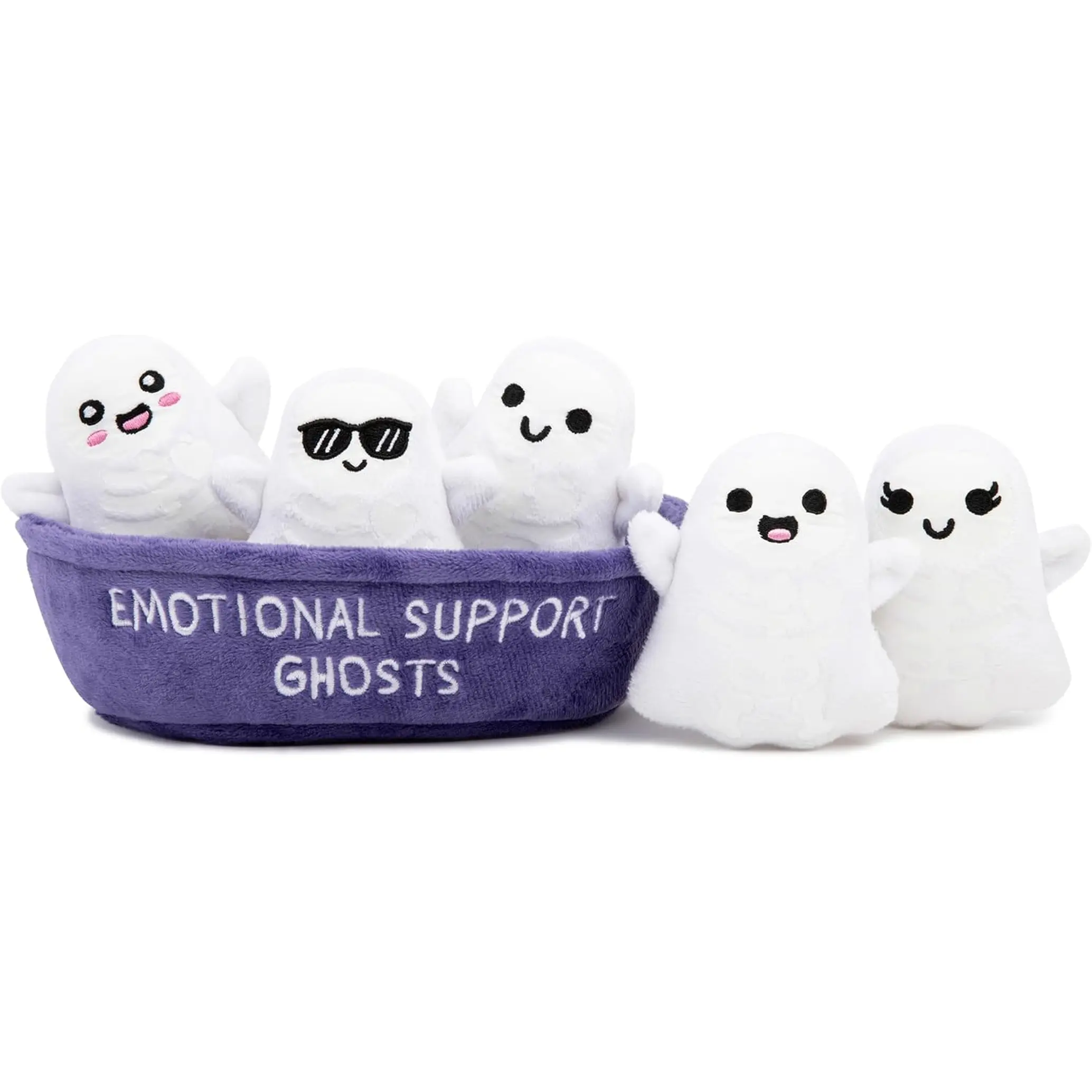 5-Pack Glow in the Dark Emotional Support Ghosts Plush Set - Cute Spooky Ghost Plushies with Display Basket, Aesthetic Halloween Decor, Kawaii Stuffed Animal Boo Basket Stuffers Gift for Kids & Teens WHAT DO YOU MEME?