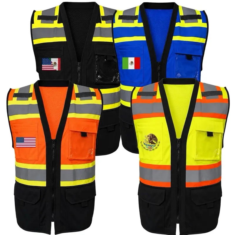 Two Tone Hi-Vis Mesh Back - Custom Flag on Pocket - Safety Vest with Reflective Stripes - Clear ID Pocket