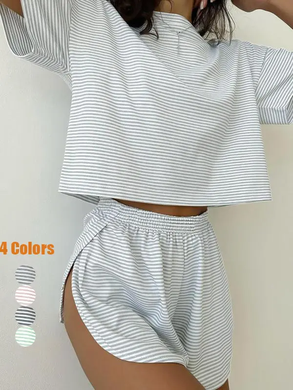 Women's Striped Print Drop Shoulder Tee & Wrap Split Shorts Pyjama Set, Casual Comfy Round Neck Short Sleeve T-shirt & Elastic Waist Shorts Pj Set, Summer Outfits