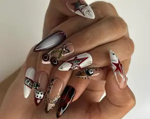 HelenNails – Rockstar 3D Cherry and Star Nail Design | Red Black Leopard Y2K Press On Nails for Bold Looks – HL315