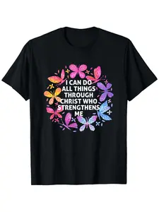 I Can Do All Things Through Christ T-Shirt with Philippians 4:13 Verse & Butterfly - Lightweight Short Sleeve Apparel Suitable for Church, Gym, Casual Wear, Verse Tee for Everyday Carry, PLUS SIZE