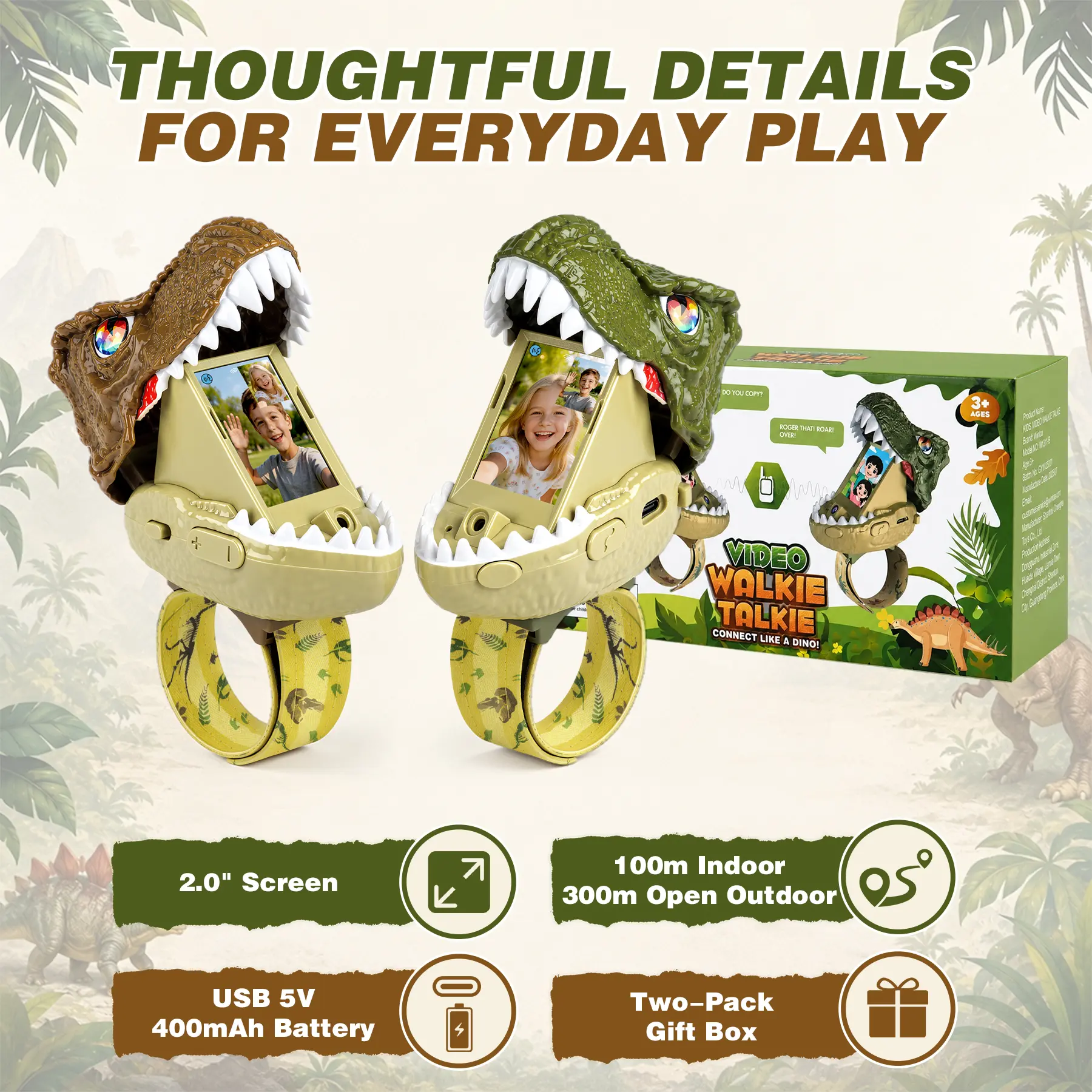Two pack dinosaur video walkie talkie specifications