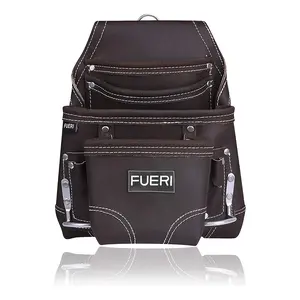 FUERI Professional 10 Pocket Leather Tool Pouch, Heavy-Duty Grain Leather Pouches with Hammer holder for electricians,Carpenters
