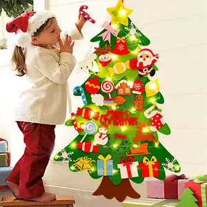 DIY Lighted Felt Christmas Tree Kit with Detachable Ornaments,String Light Xmas Tree Decoration Kids Santa Gift,Merry Christmas New Year Party Decor