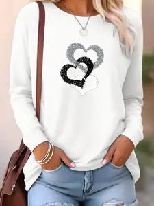 Women's Heart Print Drop Shoulder T-shirt, Casual Long Sleeve Round Neck Tee for Fall & Winter, Women's Clothes for Daily Wear