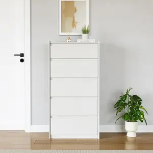 5-Drawer White Dresser 46" Tall – Simply Modern Storage Organizer, Chest of Drawers for Bedroom, Closet, Hallway, Small Apartment, Space-Saving Vertical Dresser with Handle-Free Design for Clutter-Free Living