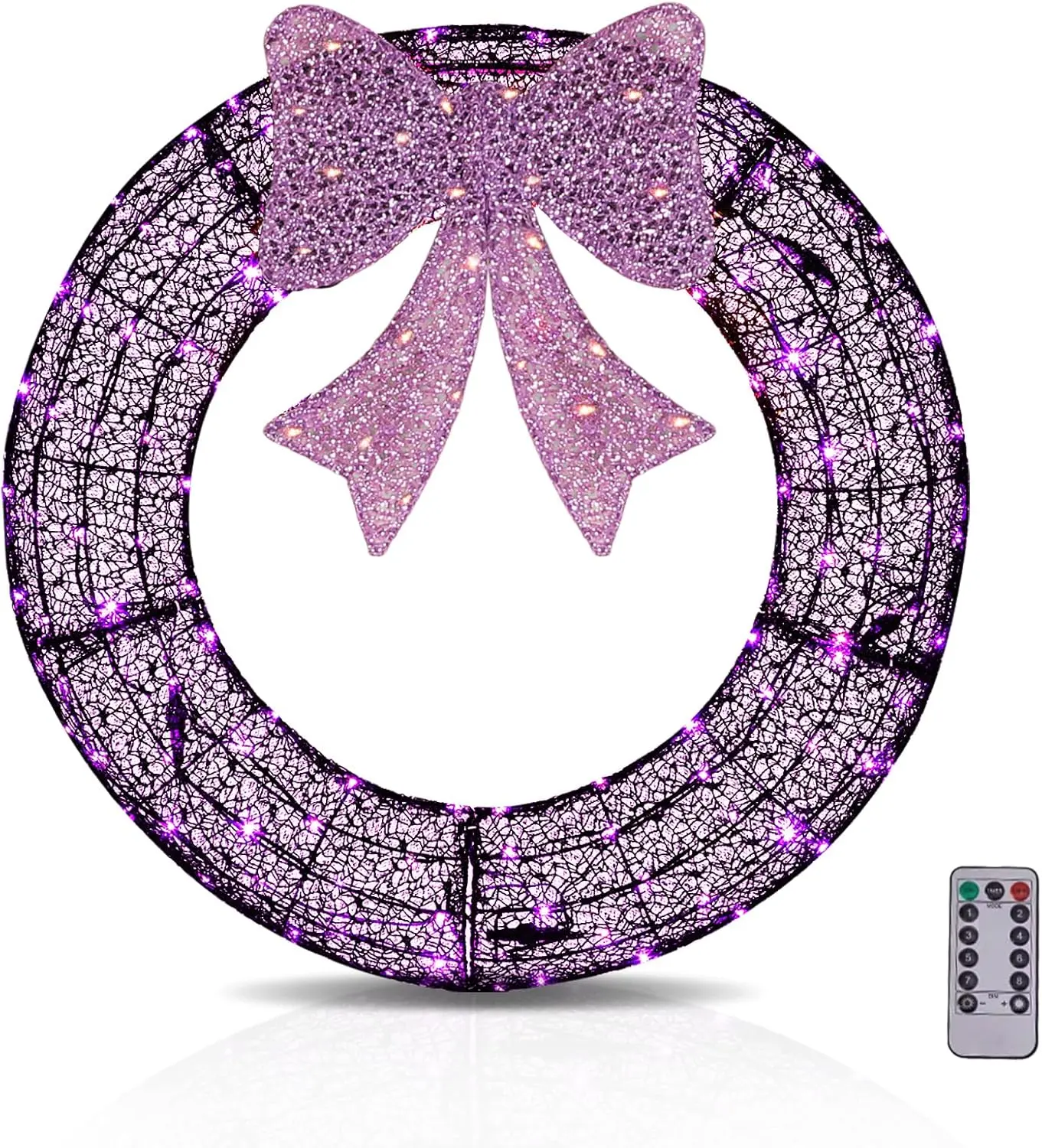 Ubesgoo 36in Pre-lit Outdoor Christmas Wreath Decoration, 224 LED Multi-Color Lights, Lighted Metal Wreath with Bow with Remote Control Timer for Indoor Outdoor Holiday Party(Purple