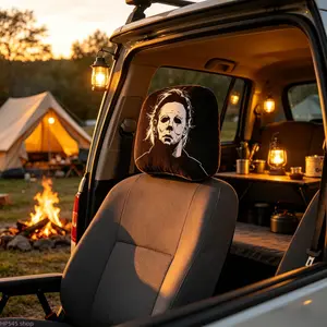 2 Pcs Michael Myers Horror Movie Car Headrest Covers - Dark Halloween Slasher Style Auto Protectors, Universal Washable Black Car Accessories, Decor for Modified Vehicle Interiors, Accessories For Car