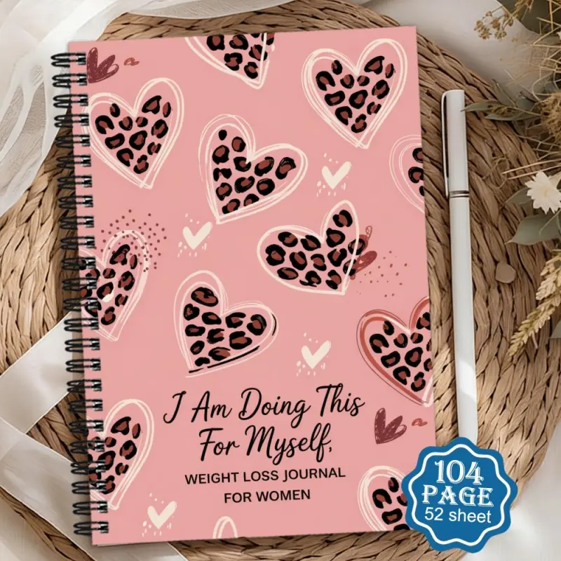 A weight loss plan fitness diary, Planner, suitable for beginners | Daily exercise plan, goal tracker and progress organizer, diet monitor, goal setting plan, motivation, featuring leopard print heart-shaped spiral notebook, for home use
