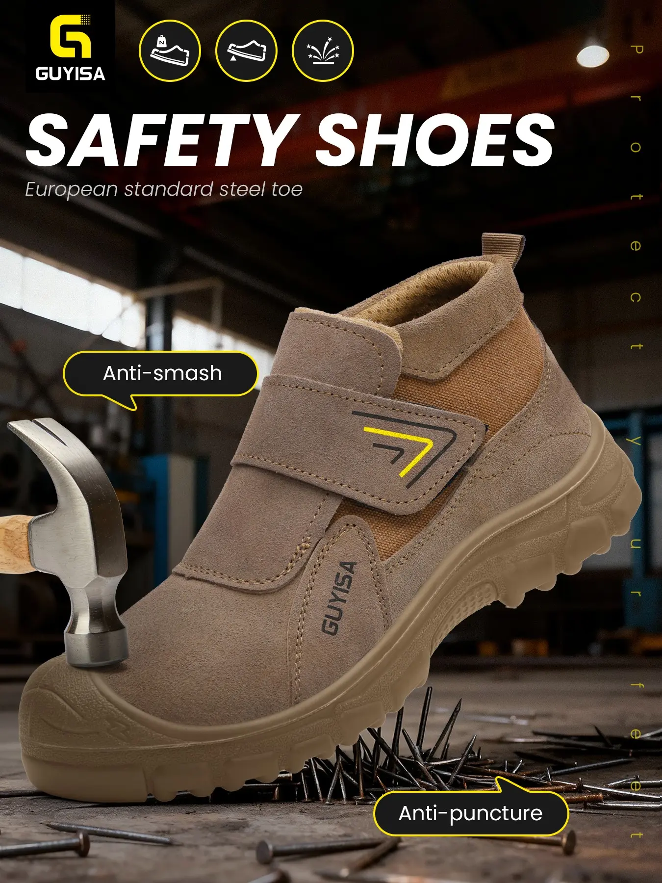 Guyisa Safety Shoes, Durable Leather Closed Anti-Slip Oil-Resistant Acid Resistant Worker Welding Boots, Steel Toe Cap Kevlar Sole Mid-Calf All Season Protection Industrial Work Footwear