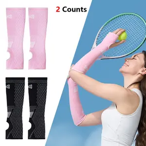 Long Fingerless Knitted Elbow Gloves, Thumb Hole Design, Outdoor Sports Arm Compression Sleeves, 1 Pair, Comfortable and Durable
