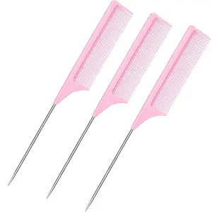 3 Packs 9 Inch Rat Tail Comb Carbon Fiber Heat Resistant Teasing Comb with Metal Pick Styling Parting Lightweight Sectioning Fine Tooth Combs for Women Girls