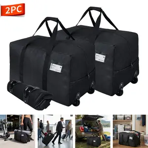 Black 2PCS 92L Large Duffle Bag with Wheels, Ripstop Fabric Travel Moving Luggage Bagunt Storage Rack