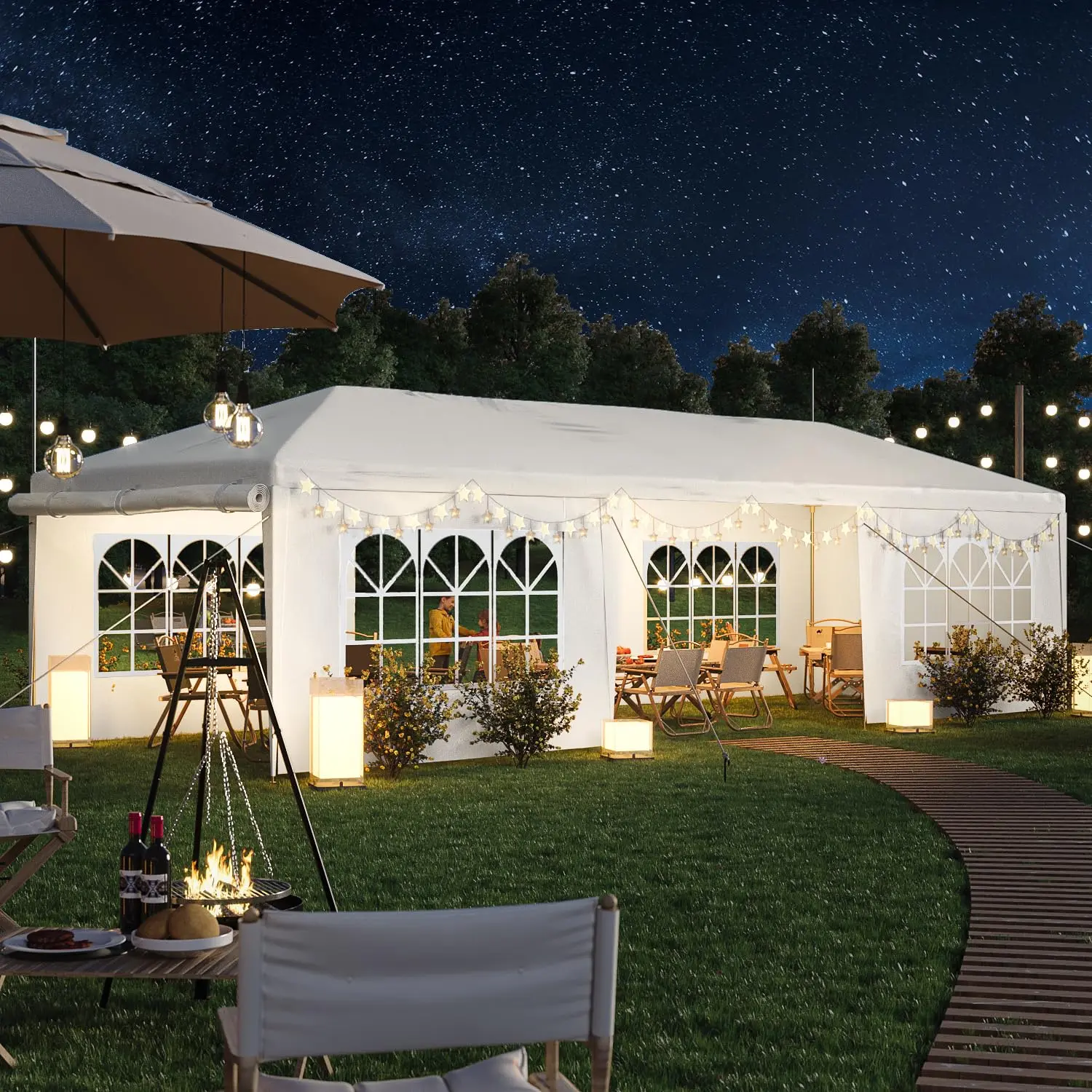 10x30 Party Tent with Removable Sidewalls for Outdoor Events | Waterproof PE Canopy with Mesh Windows, 2 Zippered Doors, Rust-Resistant White Steel Frame for Weddings, Parties & BBQs  10'x30' Outdoor Party Tent with 8 Removable Sidewalls