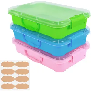 3 Pcs Plastic Sensory Bins Portable Sandbox Container with Handle & Clear Lid Stackable Play Tray for Kids Storage Sand Toys Crafts, Organizing Container for Home Office Green Blue Pink