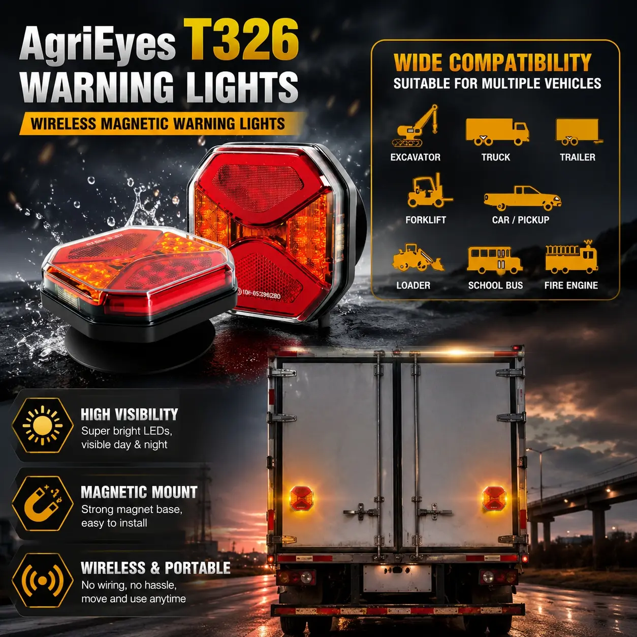 AgriEyes T326/T327/T312 Emergency Series Wireless Trailer LED Light Bars Kit - 6 Lighting Modes, IP67 Waterproof, Magnetic Installation, Truck Lights, Portable, Truck Accessories, 24H Customer Support