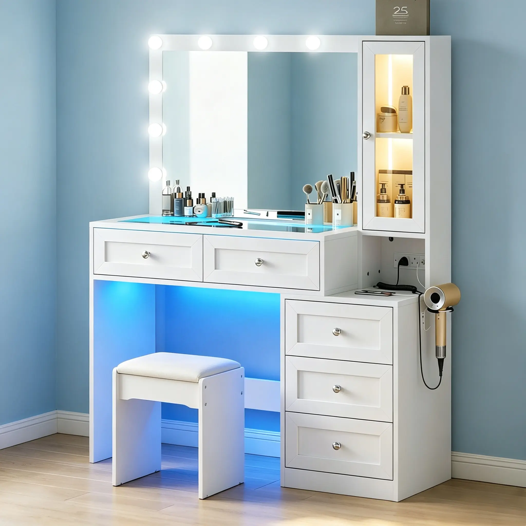 CollaredEagle Stable Sturdy Glam Farmhouse Charm Bedroom Makeup Vanity Table with 11 LED Bulbs, USB-Type-C Ports, Glass Top, Drawer Storage, Adjustable Brightness, Lighted Mirror for Makeup Organization, Chair Not Included