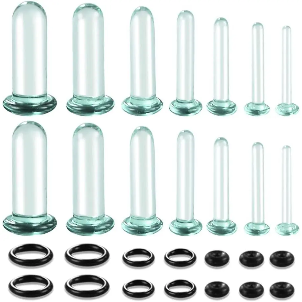 24 PCS/14PCS/10 PCS Glass Ear Gauges Stretching Kit Short Taper Expander, 14G-00G Comfy Dead Stretching Plugs with Rubber Rings, Crazy Domed Body Piercing Jewelry Set