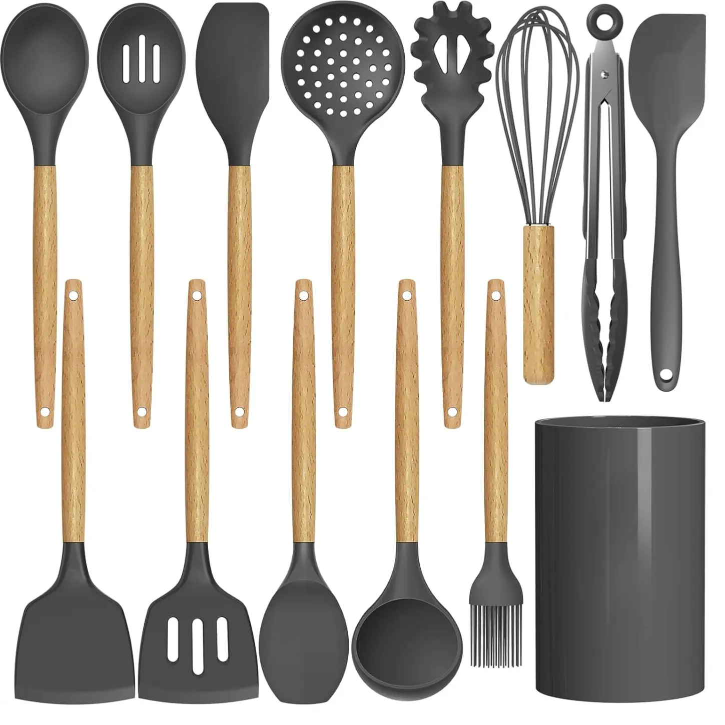 Silicone Cooking Utensils Kitchen Set - 446°F Heat Resistant, Spatula Turner Tongs Spoon Brush Whisk, BPA Free Gray Utensils for Nonstick Cookware