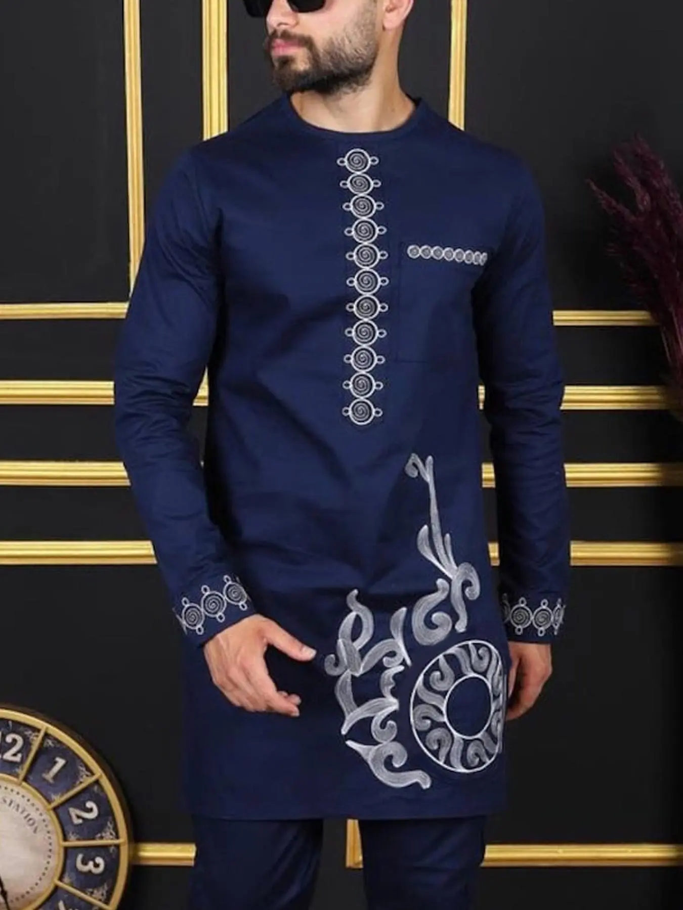 Men's Ethnic Pattern Pocket Long Sleeve Top & Drawstring Waist Pants Set, Casual Matching Sets Regular Fit Casual Fashion Split Hem Top & Trousers Two-piece Outfits for Party Daily Wear, Menswear for All Seasons Clothes