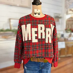 SageVell Clearance Plaid "MERRY" Sweatshirt Festive Red Checkered Pullover with Fuzzy Letter Detail Cozy Holiday Top Soft Fleece Winter Piece Long Sleeve Hoodie