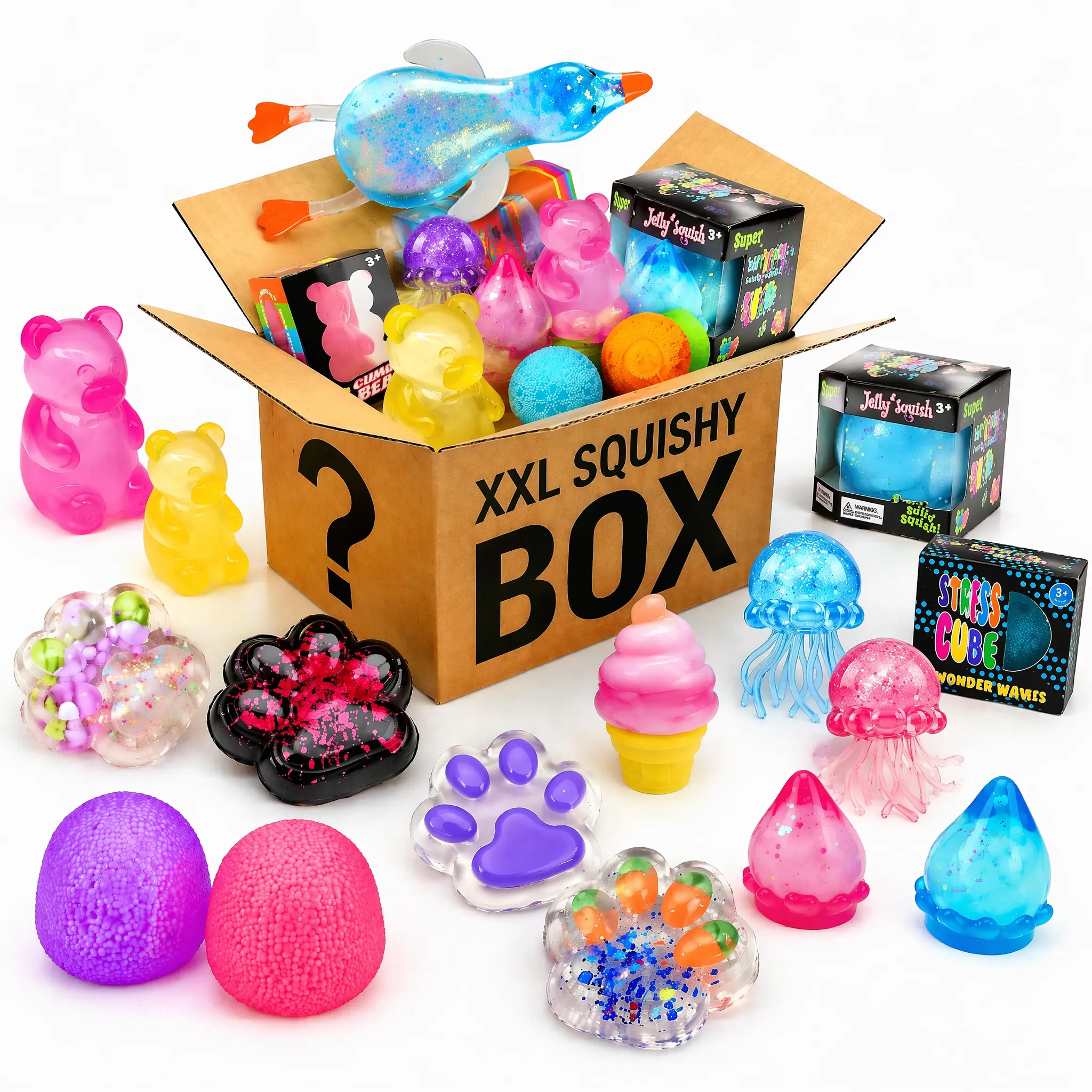 3-pack soft squishy toys (3 pieces per box, unique designs) — random large soft plush toys, shiny cat paw design, and marshmallow duck design—perfect as Halloween and birthday gifts.