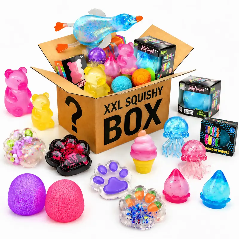 3-Pack Squishy Toy Box – Malt Duck, Glitter Cat Paw & Large Mystery Squishy | Stress Relief Fidget Toys for Kids & Teens | Squeezable Sensory Party Favor Gift Set