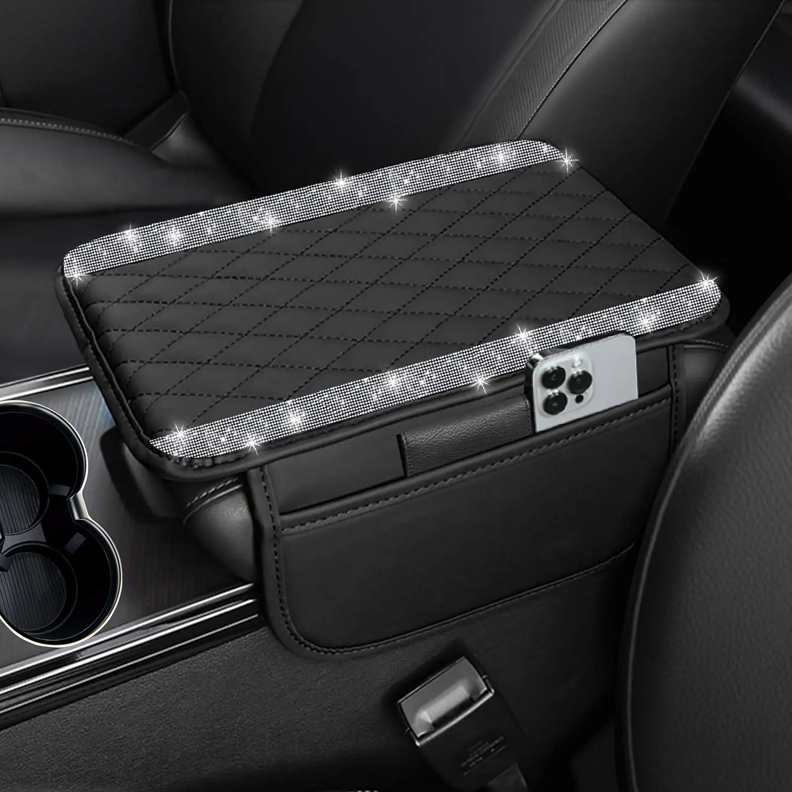 NBTEPEM Upgraded Bling Diamond Car Center Console Cover, Microfiber Leather Car Armrest Cover Cushion with 2 Storage Bags, Universal Car Armrest Storage Box Car Interior Accessories for Most Vehicles