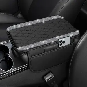 NBTEPEM Upgraded Bling Diamond Car Center Console Cover, Microfiber Leather Car Armrest Cover Cushion with 2 Storage Bags, Universal Car Armrest Storage Box Car Interior Accessories for Most Vehicles