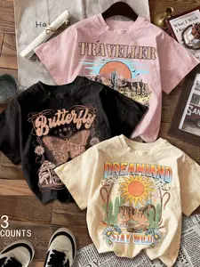 Vintage College Style Teen Girls Casual Graphic Tee, Retro Outdoor Landscape Butterfly Western Cowboy Print, Round Neck Short Sleeve Top, Graphic Shirt, Casual Comfy Shirt, Cowgirl Tee