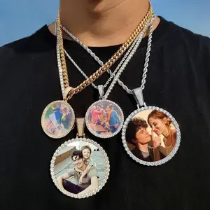[ICE HUE] 18K Gold Vacuum Plated Copper Round Memory Medallion Pendant Statement Necklace with 5A+ Sri Lanka Zircon, Custom Picture, Miami-Italy-Mexico & Micro Inspired, Men's-Women's Luxury Costume Jewelry, Daily Wear Gift Idea
