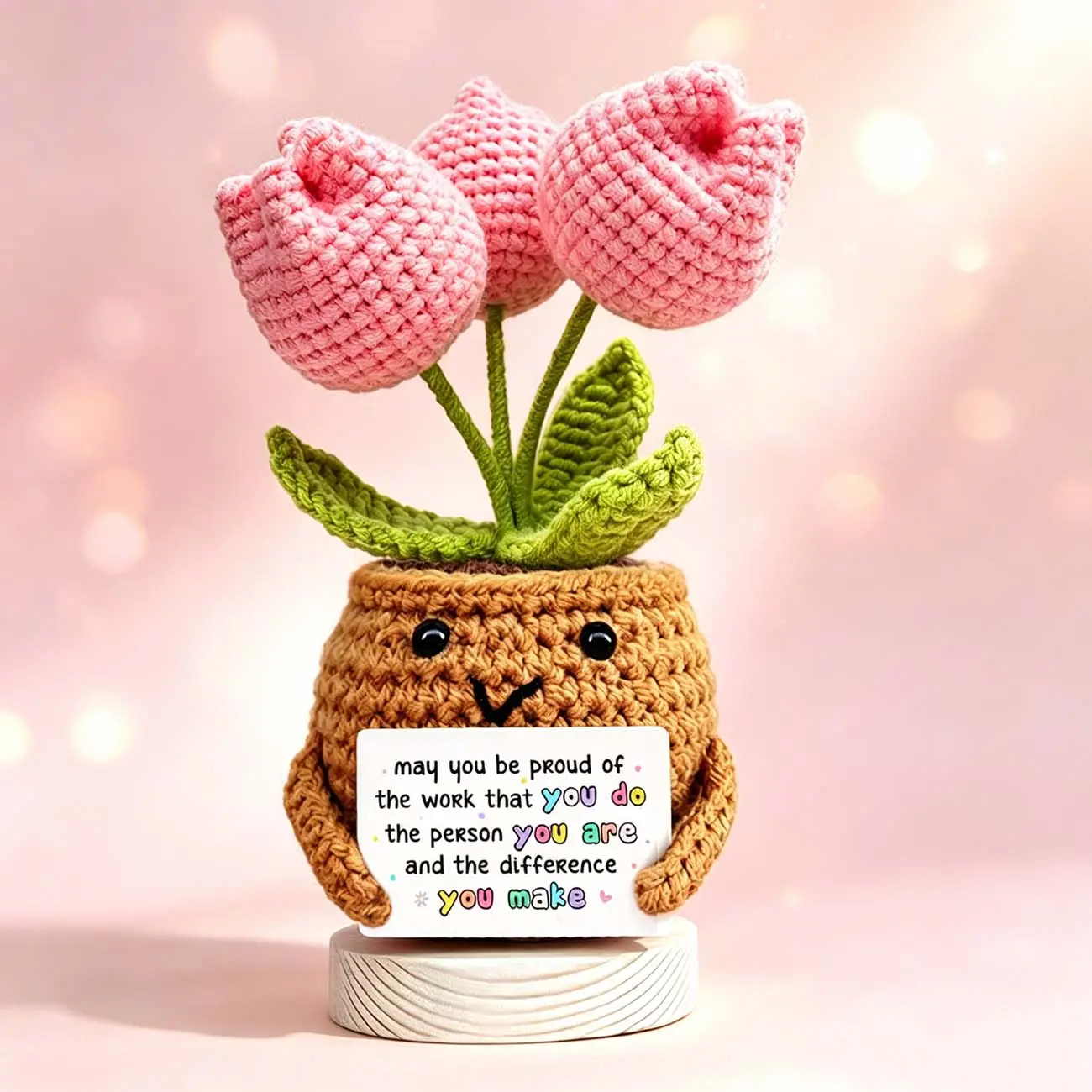 Handmade Crochet Yarn Pink Tulip Potted Stuffed Flower with Wooden Base, Decorative Encouragement Card, Unisex Positive Desk Decor, Teacher Appreciation Birthday Gift for Women