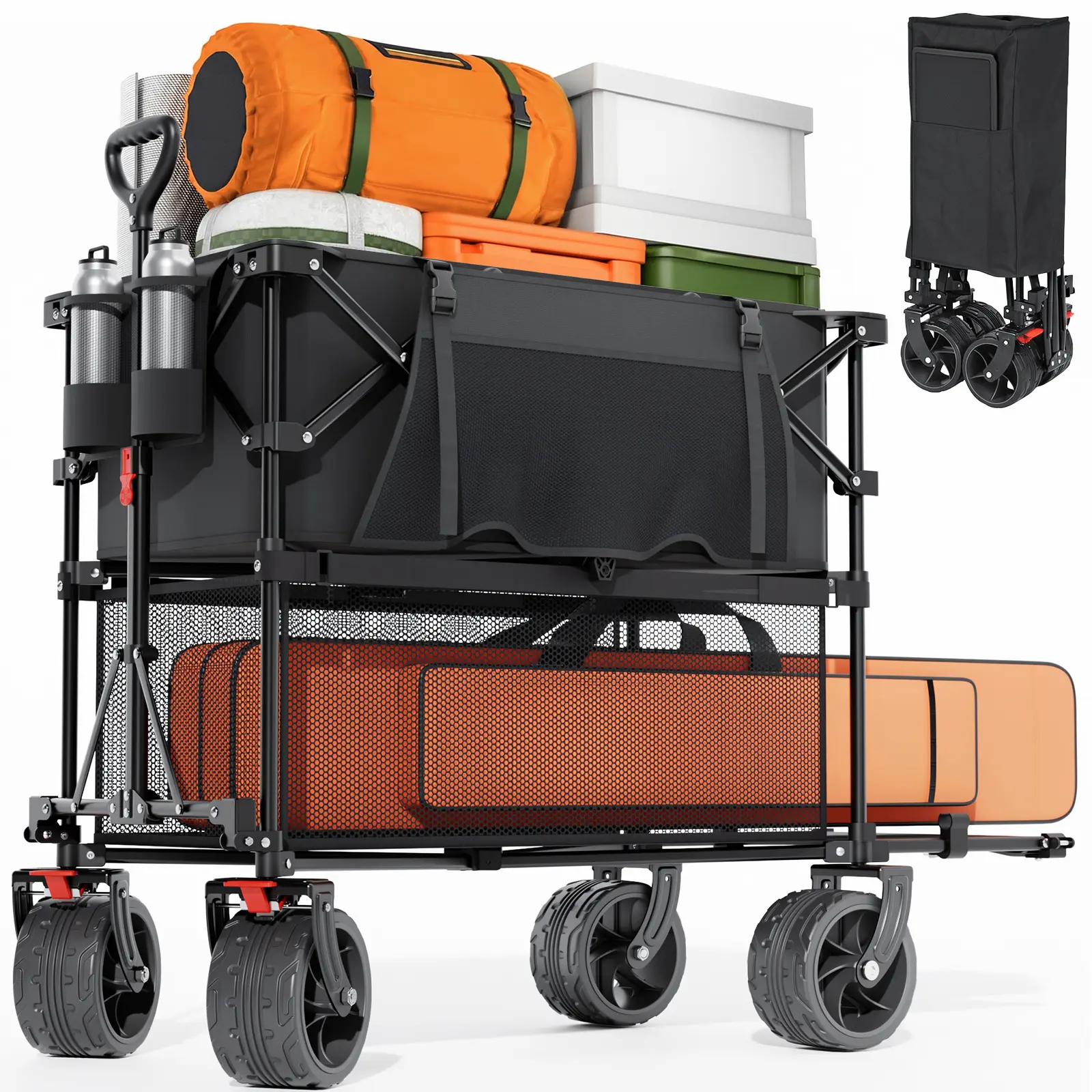 Heavy Duty Double Decker Wagon 500LBS, 400L Foldable Utility Cart with Extendable Tailgate, All-Terrain Wheels & Brakes, Collapsible Garden Wagon for Camping, Sports, Beach, Shopping car wide carrito multifuncional