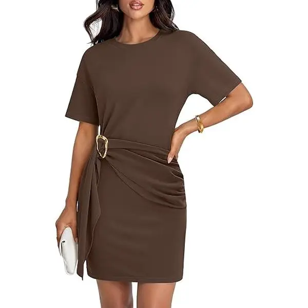 ZESICA Women's Summer Short Sleeve Mini Dresses 2026 Crewneck Ruched Tie Waist Bodycon Casual Beach Party T Shirt Dress
