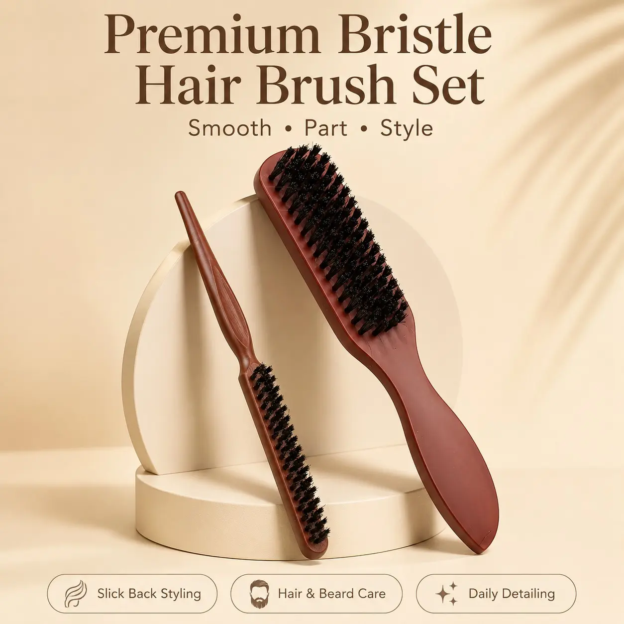 2PCS Bristle Hair Brush Set, Slicker Brush, Slick Back Styling Brush & Rat Tail Edge Brush for Women & Men, Smoothing, Parting, Teasing, Edge Control & Beard Grooming Hair Styling Tools