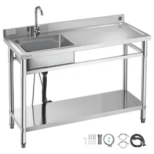 VEVOR Stainless Steel Utility Sink, Free Standing Single Bowl Commercial Kitchen Sink with Faucet, Utility Right Basin Workbench with Hot & Cold Water Pipe for Garage Restaurant Laundry, 47x19.7x37 in