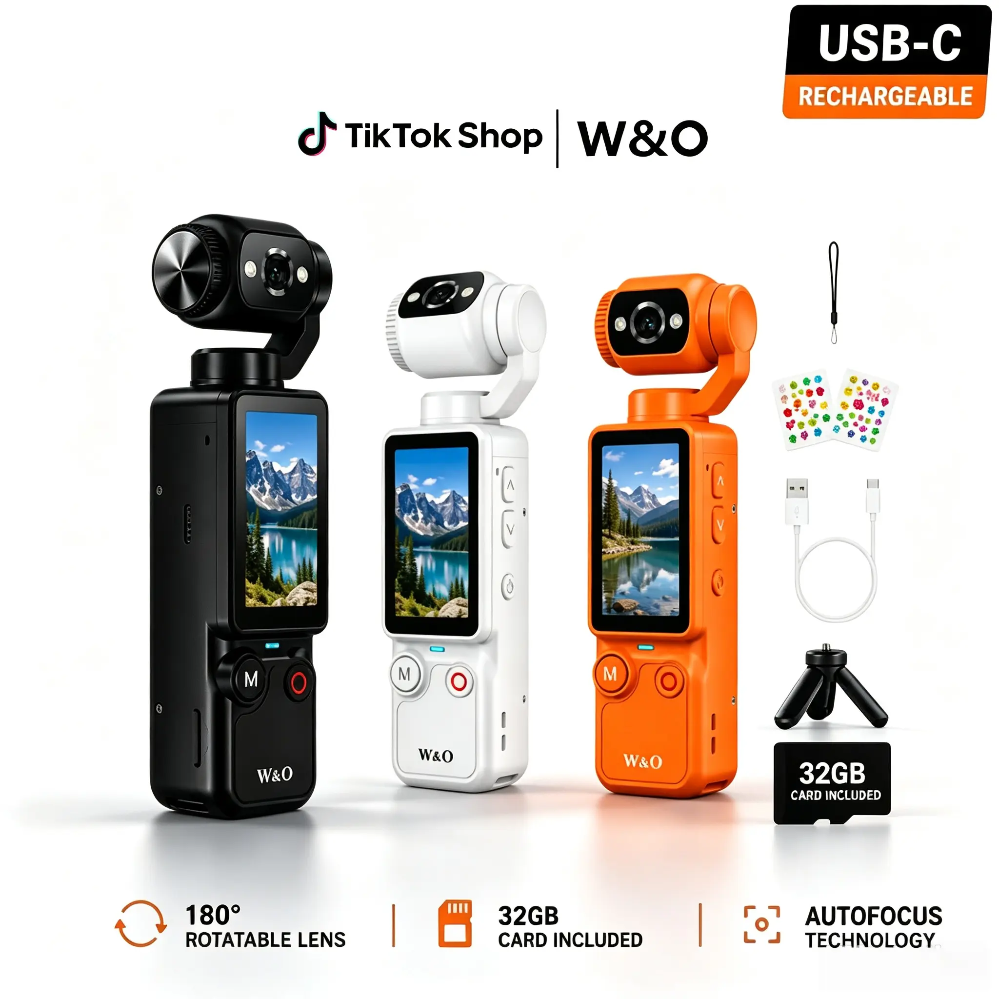W&O Q7 Portable Vlogging Camcorder, 180° Rotating Lens, 32GB Memory Card, Mini Tripod, USB-C Rechargeable, Ideal for Travel, Selfies, Back-to-School Gift Choice