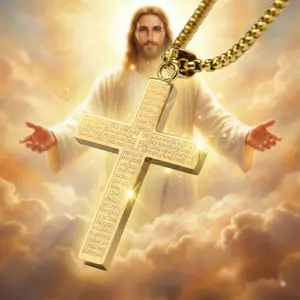 「Priest Approved」Metal Scripture Cross Necklace - A unisex Christian pendant, symbolizing the Son of God, a spiritual prayer gift, and an outdoor essential.