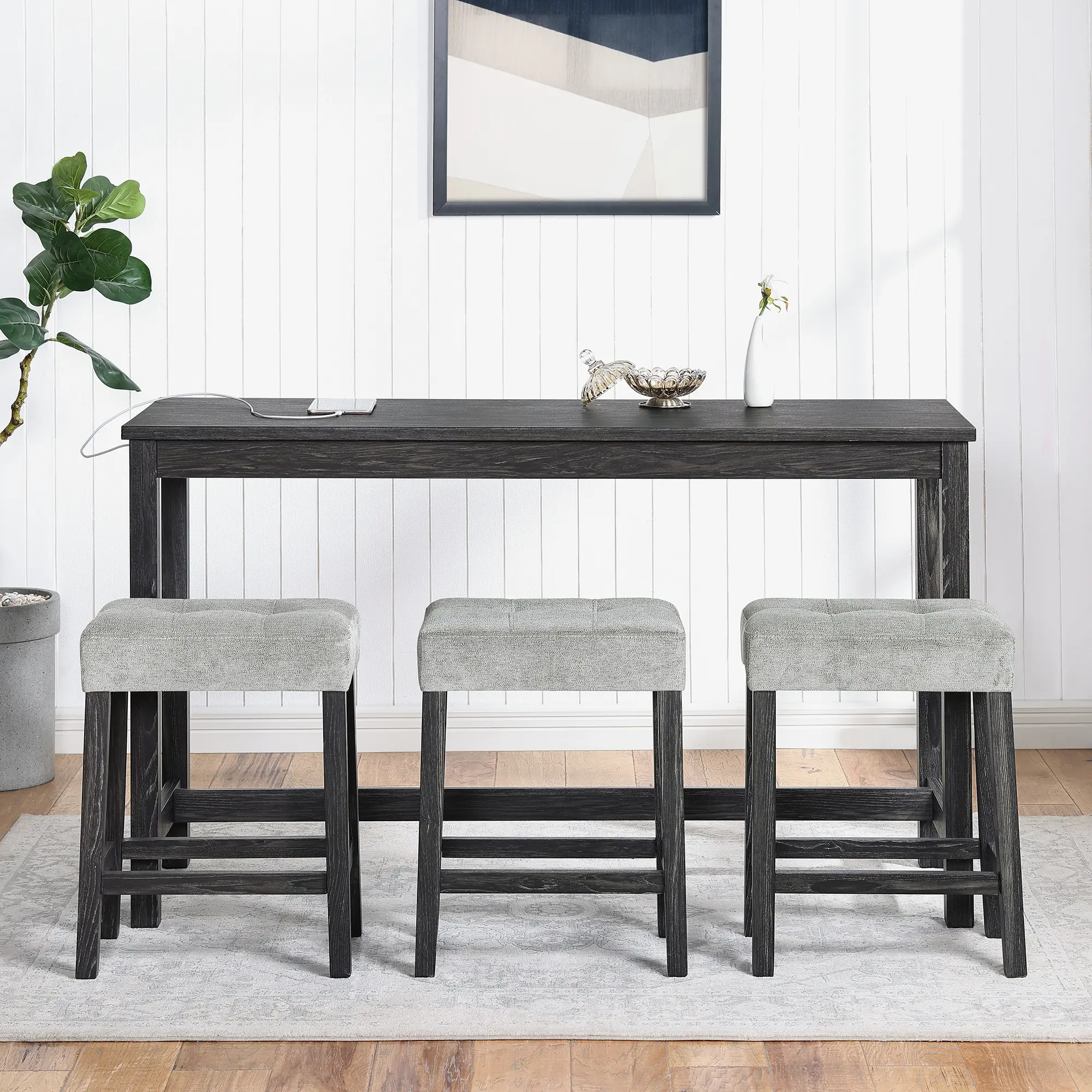 4-Piece Bar Table Set with Power Outlet, Space-Saving  Dining Table for Kitchen use , 3 Stools Fit Underneath, Sturdy Wood Frame for Living Room & Game Room， breakfast nook