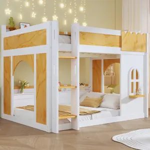 Full Over Full Bunk Beds Frame with Storage Shelves & Window, House-Shaped Playful Bunk Bed with Safety Guardrail & 2 Door, Wood Loft Bunk Bed for Bedroom Dorm, No Box Spring Need, White+Natural