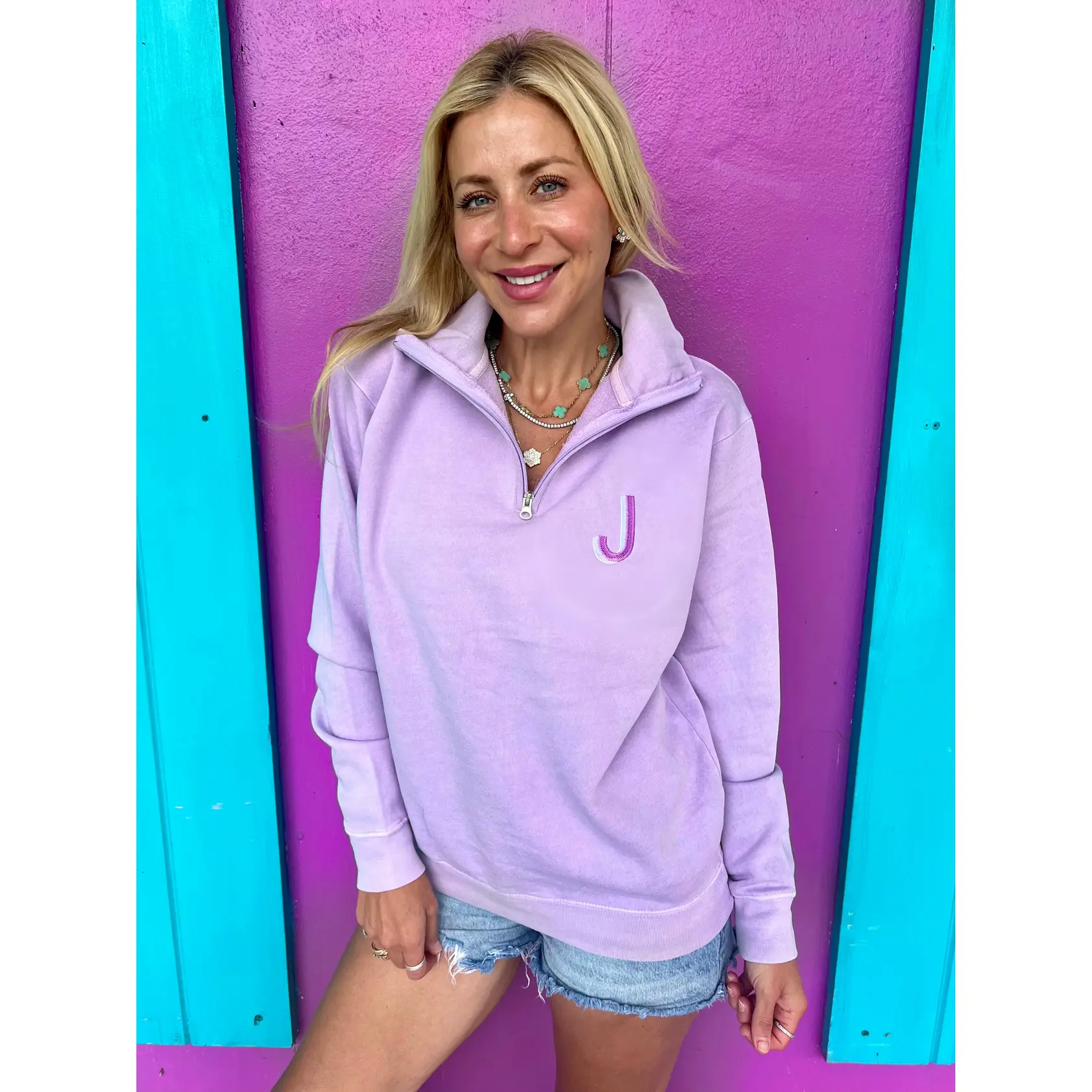 Lilac Initial Embroidered Quarter Zip Pullover (S-L)