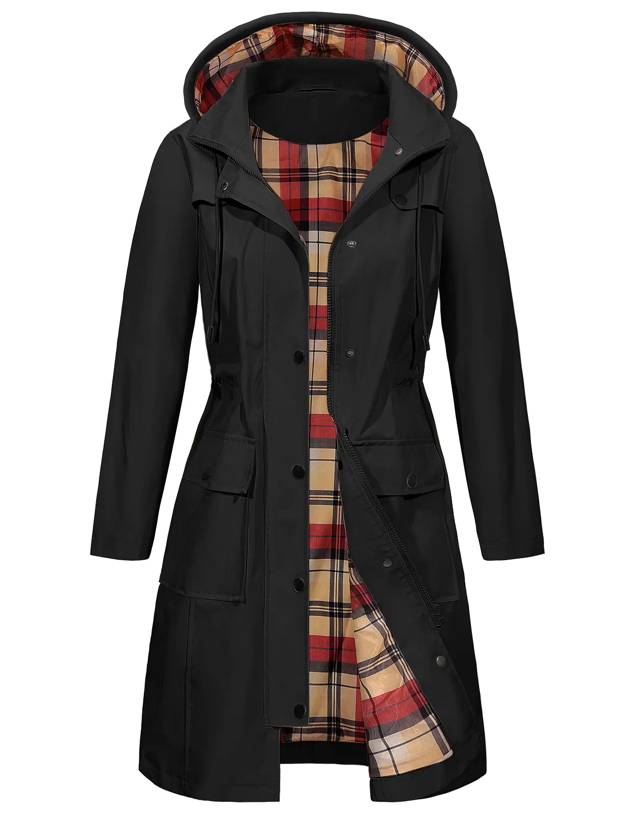 Fashora Women's Waterproof Long Sleeve Jacket - Removable Hood, Lightweight Windbreaker, Breathable Fitted Top, Adjustable Cuffs, Zipper Pockets, Athletic Basics Transition Outerwear for Hiking, Travel (Spring-Fall), Plaid, Casual, Tops, Coats, Golf