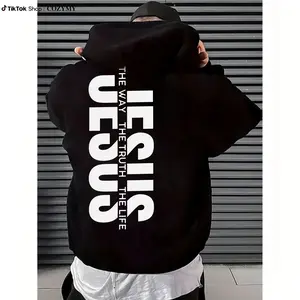 Men's Jesus The Way The Truth The Life Letter Print Hoodie, Regular Fit Casual Long Sleeve Graphic Hooded Sweatshirt for Daily Wear, Men's Clothes for Fall & Winter