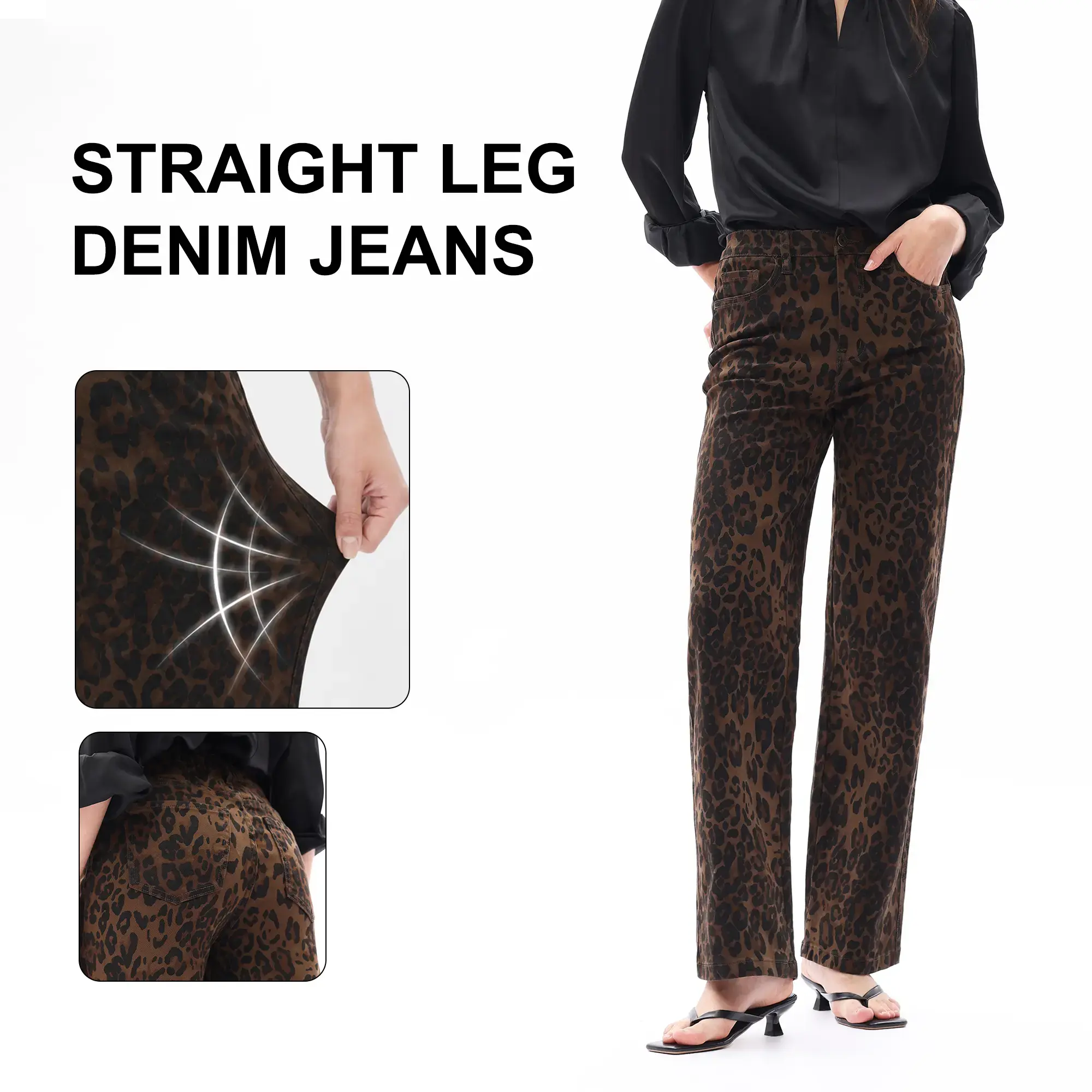 ONESO Womens Leopard Print High Stretch Relaxed Straight Jeans, BBL Mid Rise Comfortable Denim Pants, Summer Casual Womenswear Bottoms