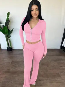 Women's Solid Zip Up Hooded Crop Tight Hoodie & High Waist Flare Leg Pants Set Casual Long Sleeve Top & Bell Bottom Trousers Ladies Spring Fall Clothes Tomboy Femme Outfits Hot Pink Suits