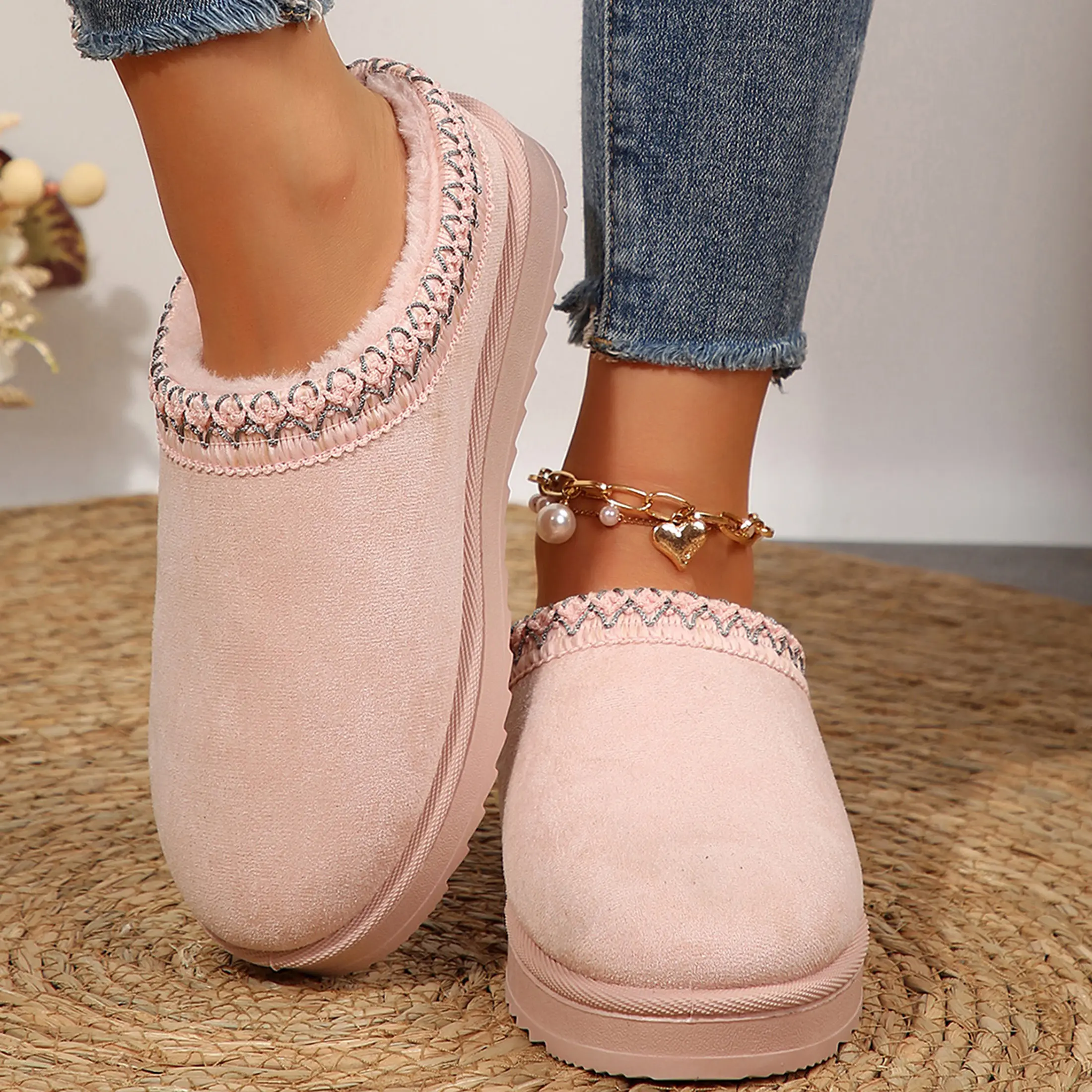 Women's Boots Faux Leather Suede Platform Fuzzy Cozy Slip-On Snow Boots Winter for Outdoor Indoor Slippers