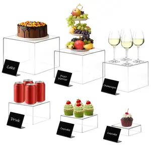 Buffet Risers 6Pcs Food Risers for Buffet Table Display Stand Shelf for Party Catering Dessert Cake Show, Acrylic Risers Display Stands Cube Boxes with Mini Signs (Transparent 8",7",6",5",4",3")