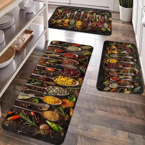 2/3pcs kitchen anti slip carpet floor mat set, kitchen seasoning spice pattern anti slip washable floor mat, comfortable and soft flannel carpet floor mat, suitable for kitchen, entrance door, laundry room, bathroom, living room, Kitchen Rugs Sets