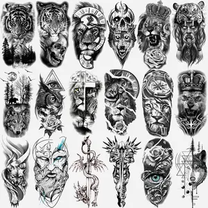 18-Piece Half-Arm Temporary Tattoo Stickers, Body Fake Tattoos, Waterproof Long-Lasting Angel Lion Tiger Wolf Dragon Skull Design, Unisex Body Art for Daily Wear & Special Occasions