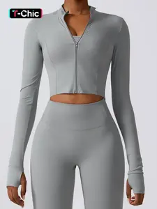 Women's Solid Zip Up High Neck Sports Crop Jacket, Quick Drying Sweat Wicking Breathable Long Sleeve Zip Front Outerwear for Yoga Gym Tennis Pickleball, Ladies Sportswear Clothing for All Seasons Yoga Jacket Top, Sporty Breathable Outerwear